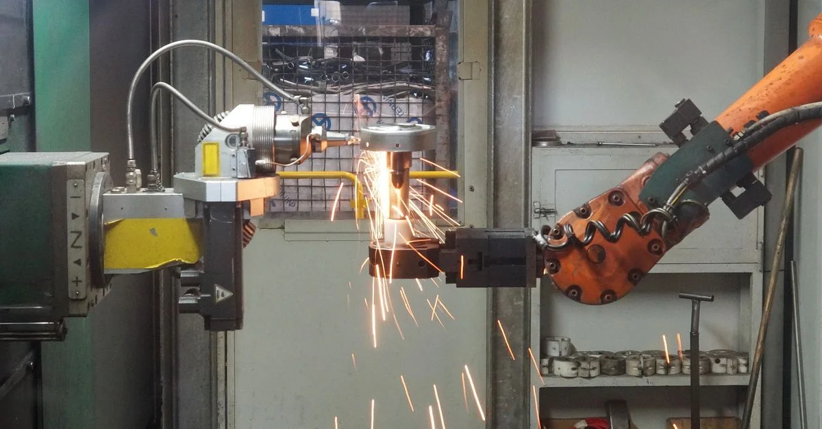 Un bras robotisé soudant dans un cadre industriel, émettant des étincelles brillantes.